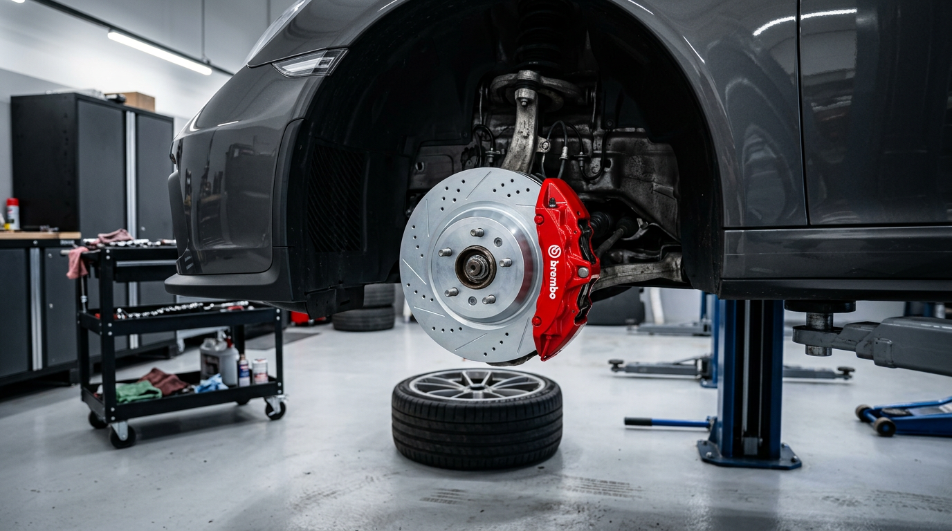 New brake rotor and caliper installed on a vehicle
