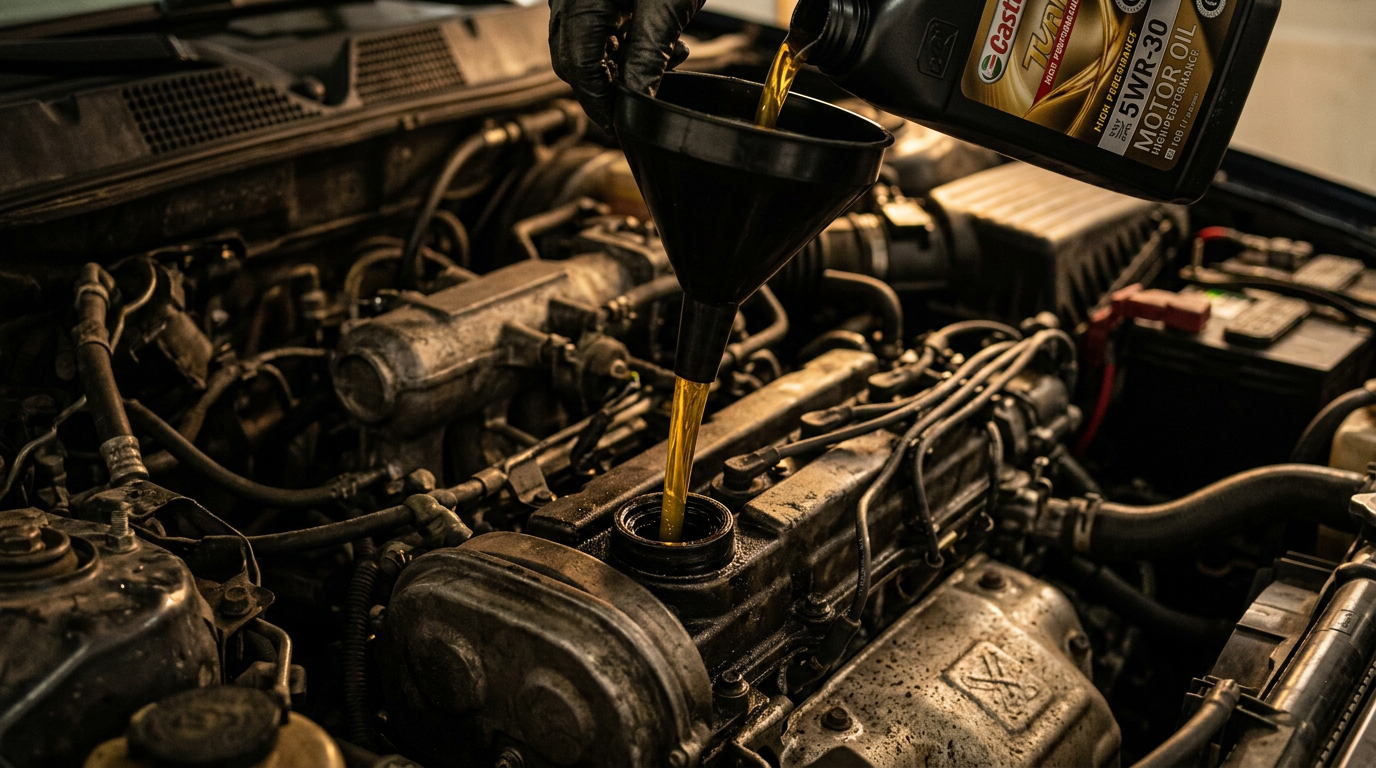 Motor oil being poured into an engine